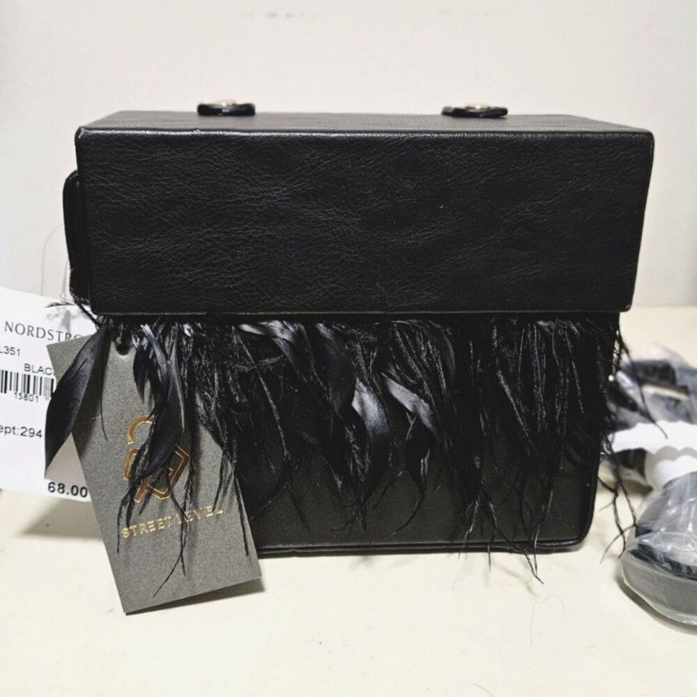 NWT Street Level Black Feather Trim Box Handbag